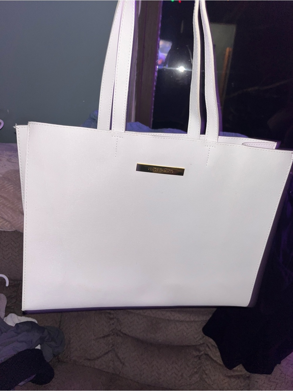 Vince Camuto White Tote with Gold Nameplate